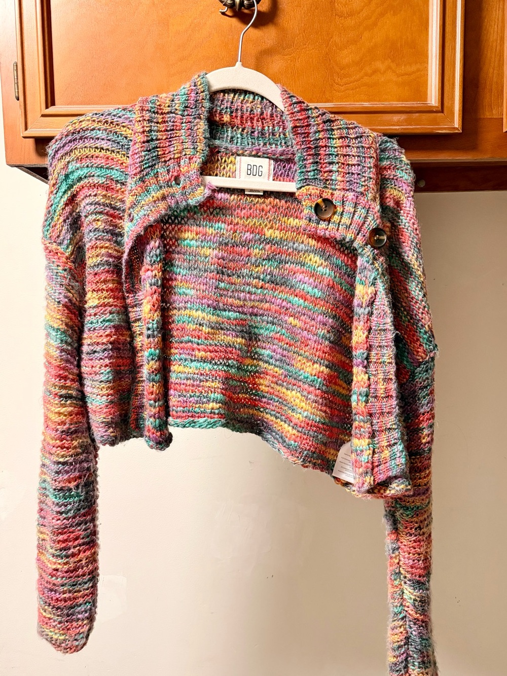 BDG Multicolor Cropped Striped Cardigan — Pink, Green, Orange, Yellow, Purple